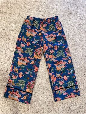 Zara Floral Wide-Leg Pants in Teal Blue